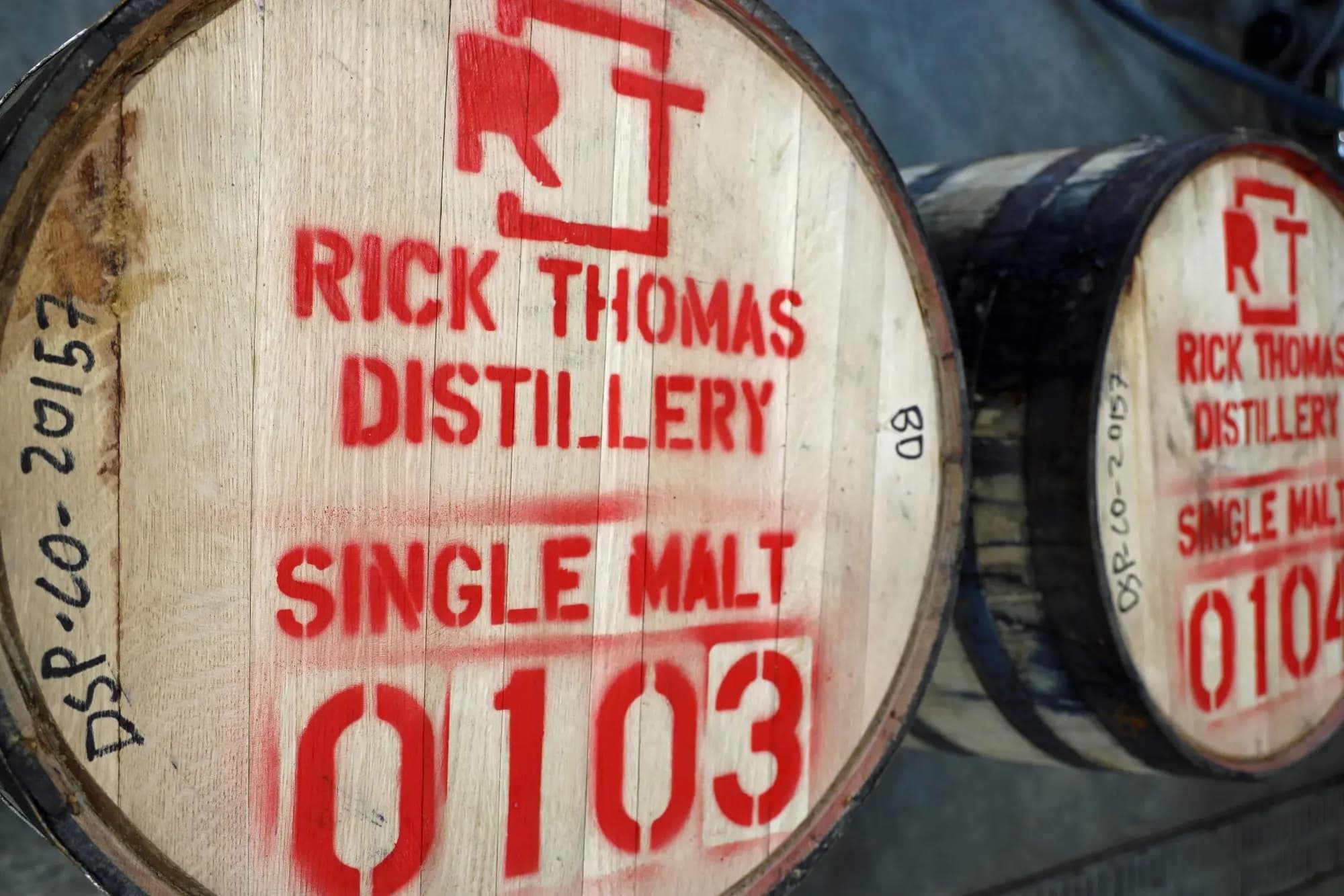 A Rick Thomas Distillery single-malt whiskey barrel.